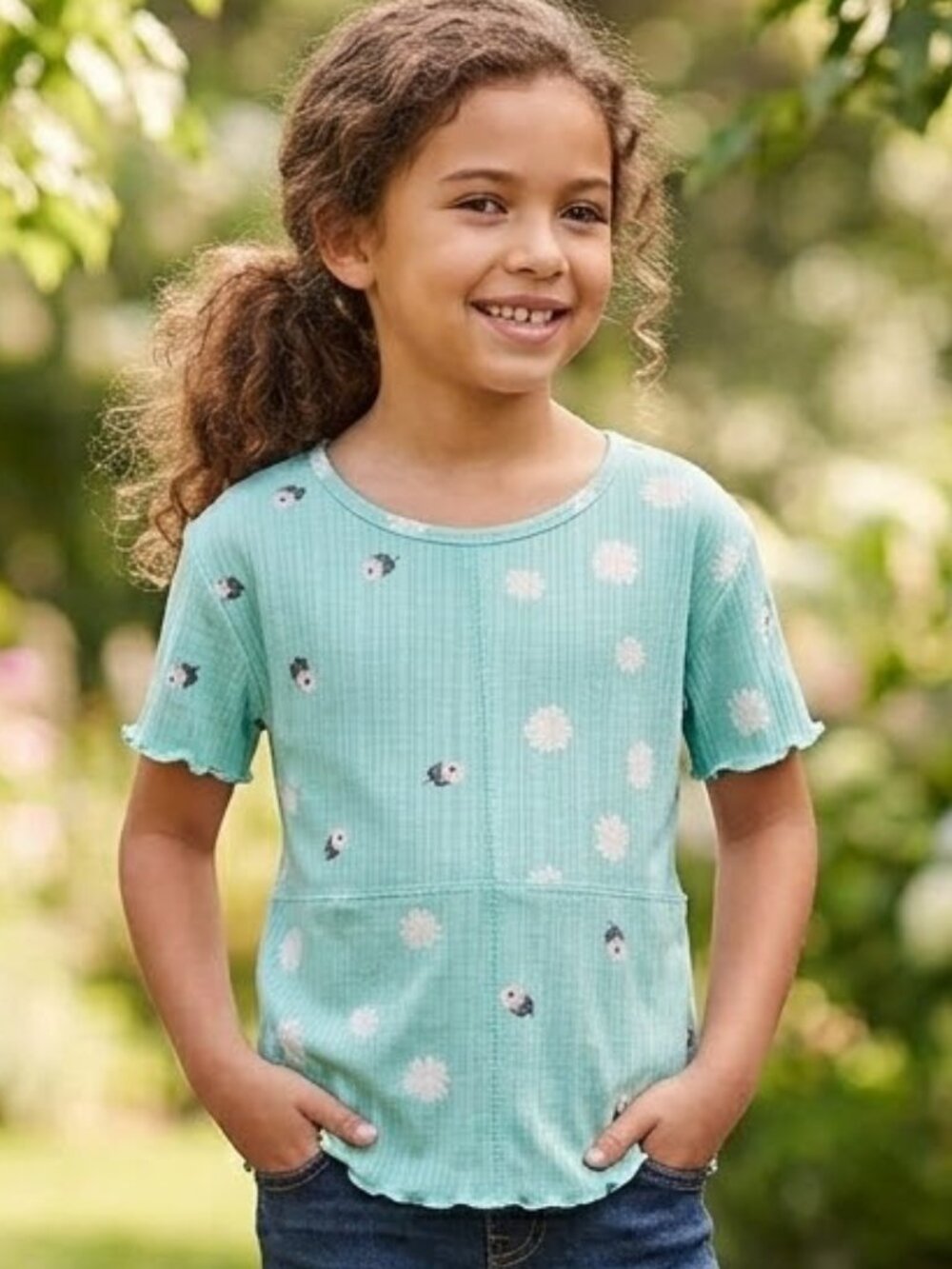 NEW Evsie Patchwork Short Sleeve Lettuce Edge Flower Print Tee Shirt Top XS NWT